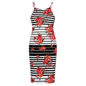 Women's Floral Striped Bodycon Midi Dress Sleeveless Spaghetti Strap Casual M
